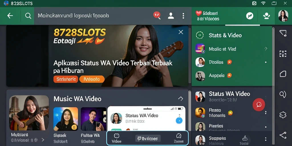 Antarmuka aplikasi 8728SLOTS dengan pilihan video status yang menarik.