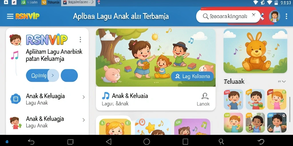 Antarmuka aplikasi RSNVIP menampilkan kategori lagu anak yang menarik.