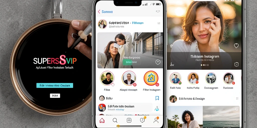 Antarmuka aplikasi SUPERSVIP dengan berbagai pilihan filter Instagram.